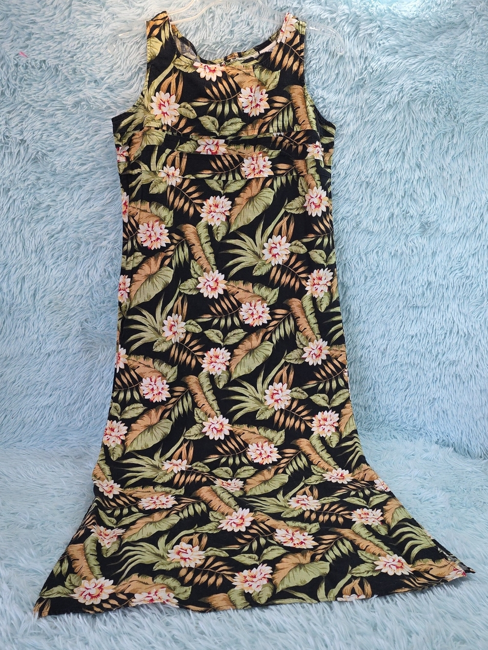 Vintage 90s White Stag Tropical Floral Maxi Dress Small Black Green Whimsigoth